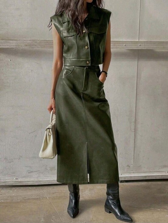Jackets & Blazers - 2 Pieces Set Women Autumn/Winter Front Button Pocket Blouse And PU Skirt Long